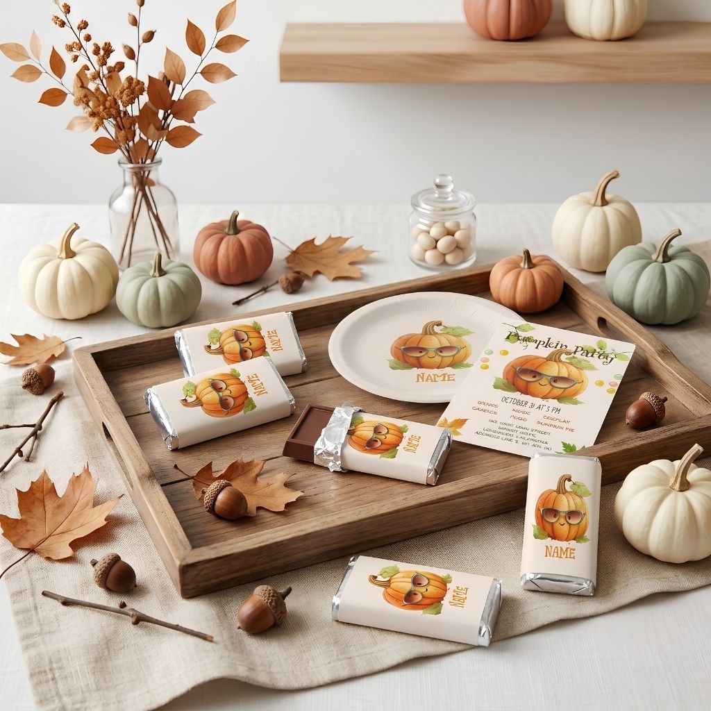 Personalized pumpkin Halloween invitation, mini chocolate bars and matching paper plate arranged on a wooden serving tray.