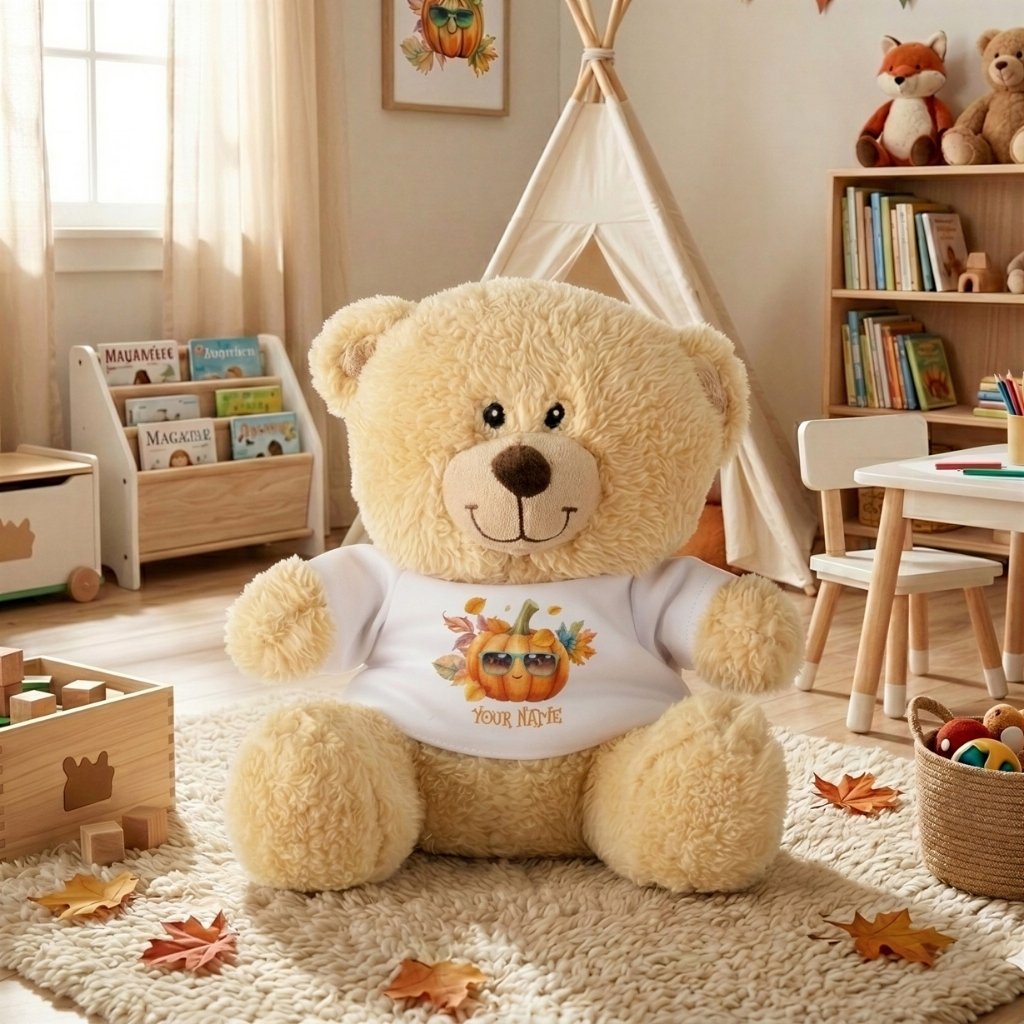 Personalized teddy bear wearing a custom pumpkin Halloween T-shirt in a cozy child's playroom.