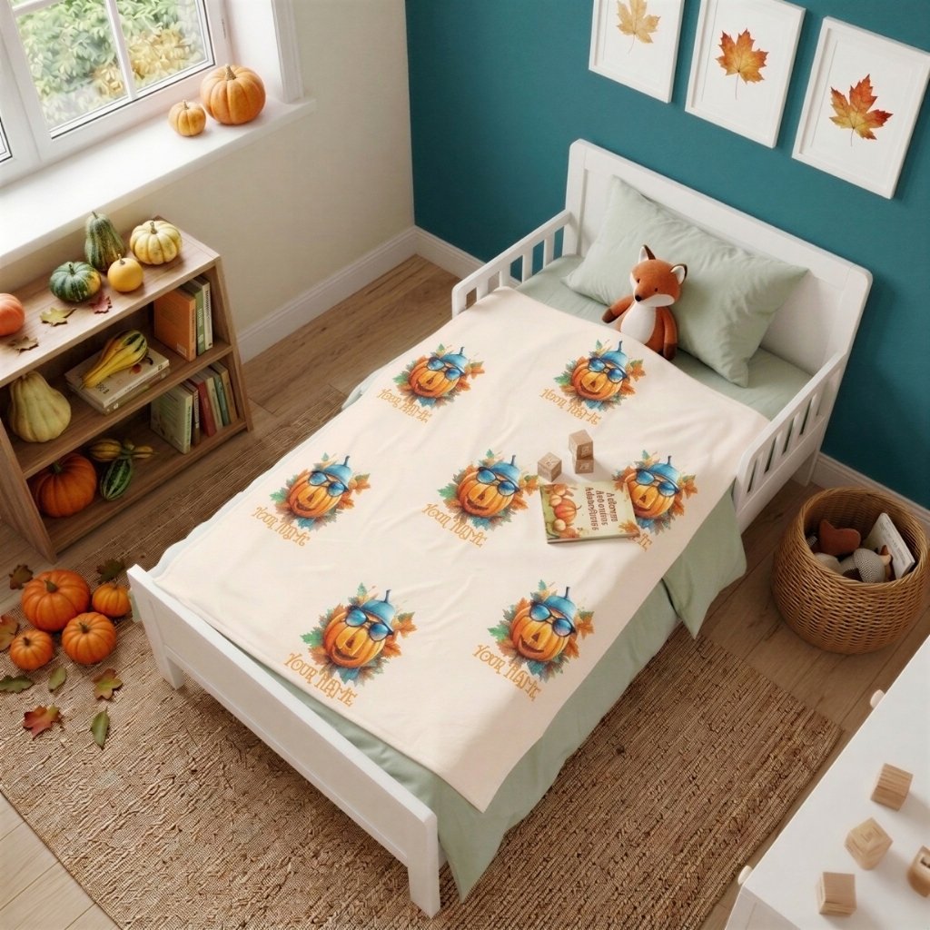 Personalized pumpkin toddler blanket styled on a child's bed with autumn nursery décor.