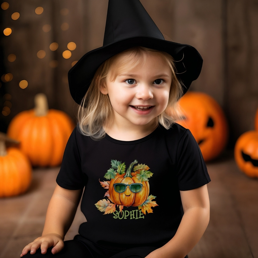 Toddler wearing a personalized pumpkin Halloween T-shirt with sunglasses and autumn leaves.
