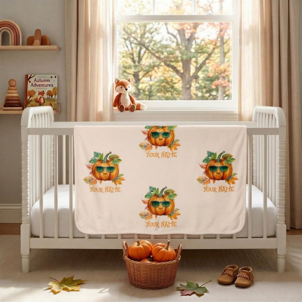 Personalized pumpkin baby blanket draped over a white crib in a cozy autumn nursery with pumpkins and soft seasonal decor.