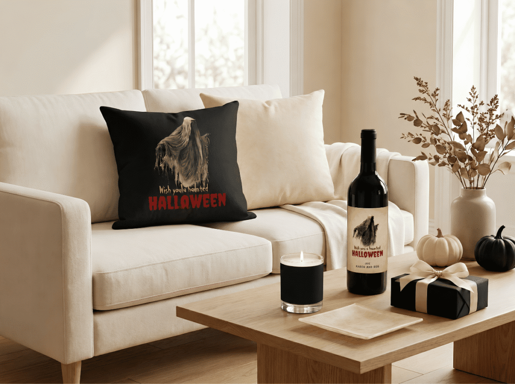 Haunted Halloween Ghoul collection styled in a cream living room with a ghost pillow, wine bottle, black candle, gift box, and parchment tray