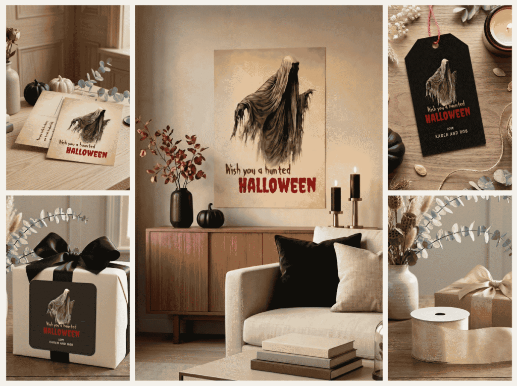Haunted Halloween Ghoul collection collage featuring ghost wall art, Halloween stationery, gift tags, gift packaging, and parchment ribbon