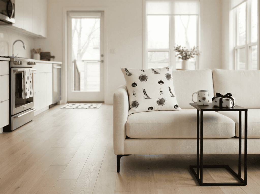 Modern black and white witchcore Halloween decor in a contemporary home with patterned pillow, mug, gift, and doormat