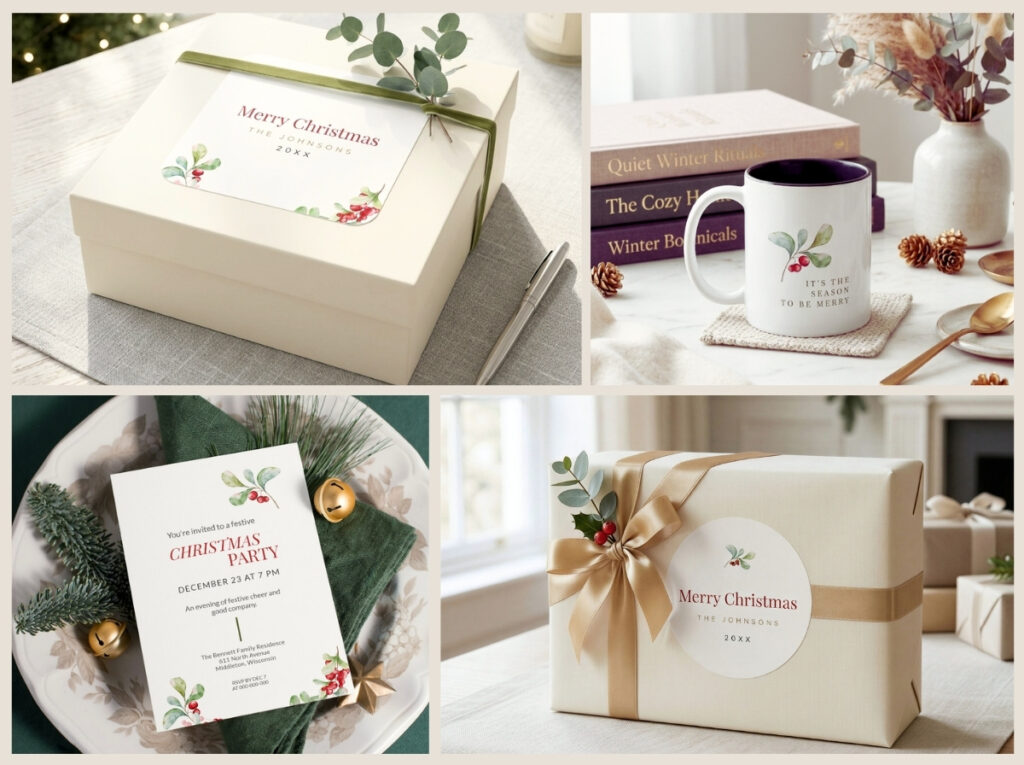 Collection collage showing Christmas gift wrap, mug, invitation, and personalized gift packaging from the Modern Botanical Christmas collection