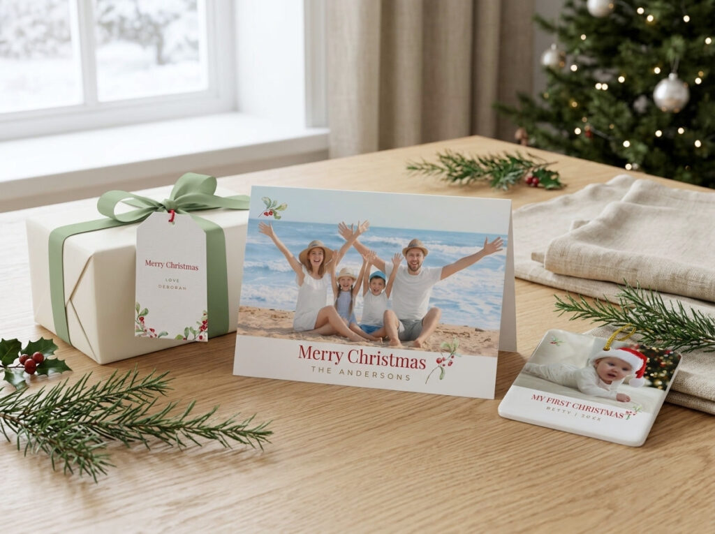 Modern botanical Christmas collection featuring a personalized photo card, wrapped gift with botanical gift tag, and baby photo ornament