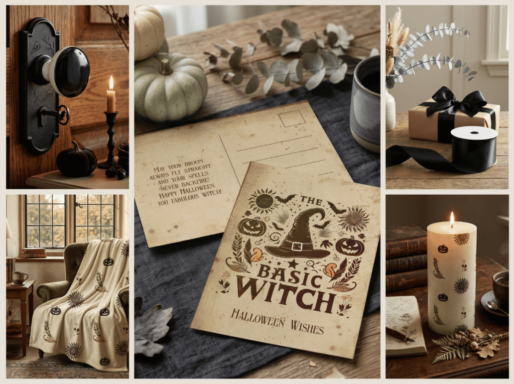 Vintage witchcore Halloween collection featuring parchment stationery, patterned blanket, candle, black door hardware and gift wrapping
