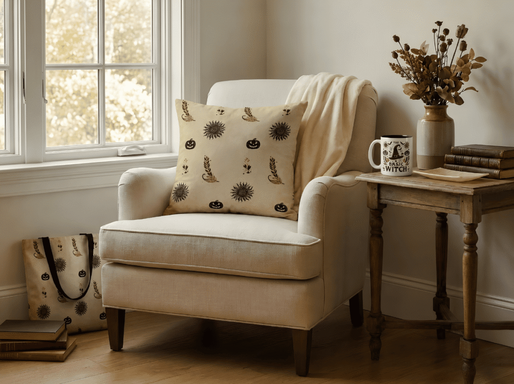 Vintage witchcore Halloween decor styled in a cozy reading corner with a patterned pillow, blanket, tote bag and Halloween mug