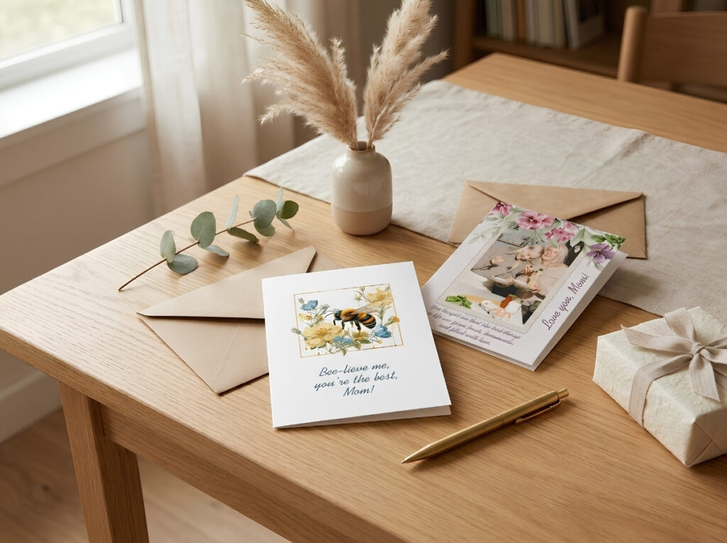 Two editable watercolor greeting cards styled with envelopes on a warm oak table