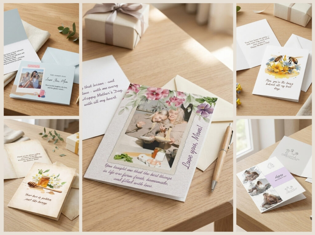 Collage of editable watercolor greeting cards with floral, honey, bee, and family designs