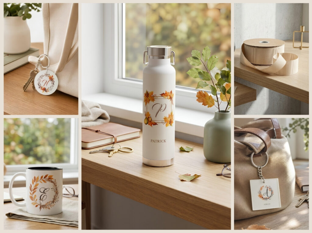 Personalized autumn monogram wreath collection featuring mugs, notebooks, keychains, and insulated bottles