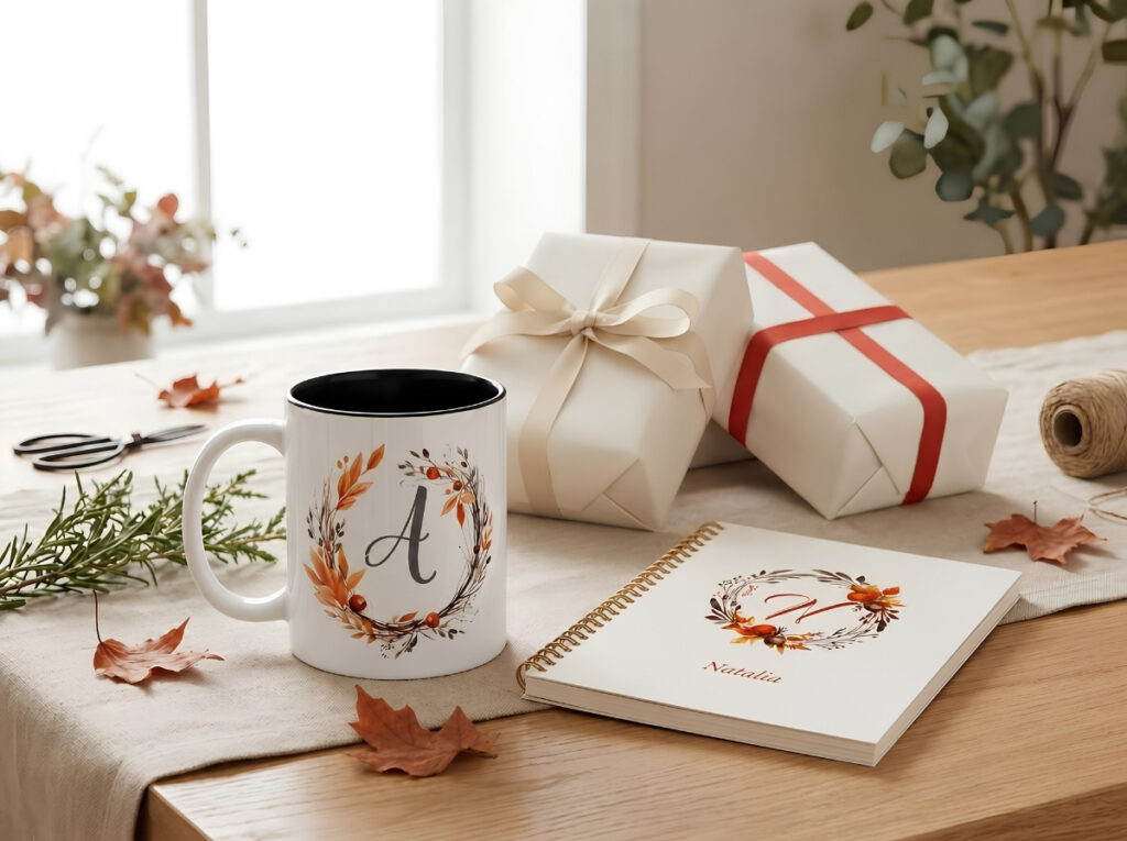 Personalized autumn monogram wreath gifts with a mug, notebook, and wrapped gifts on a natural wood table