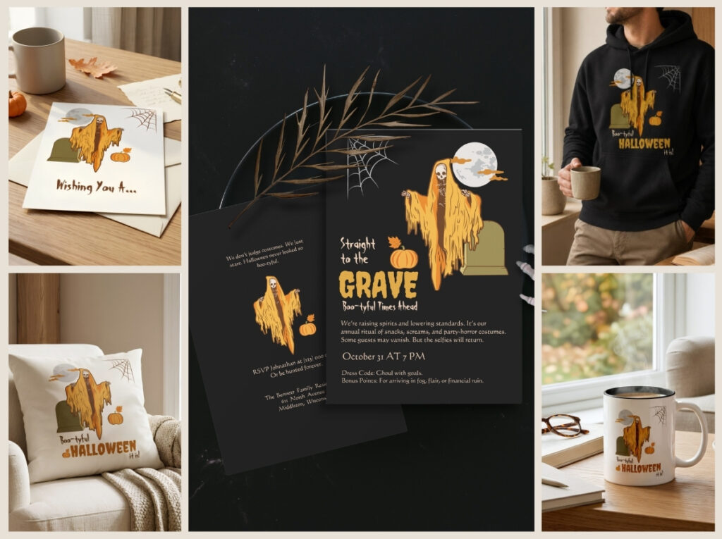 Playful Skeleton Halloween collection featuring invitations, home décor, apparel and seasonal lifestyle products