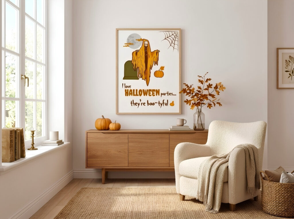 Playful Skeleton Halloween wall art featuring a humorous skeleton illustration in a contemporary autumn interior