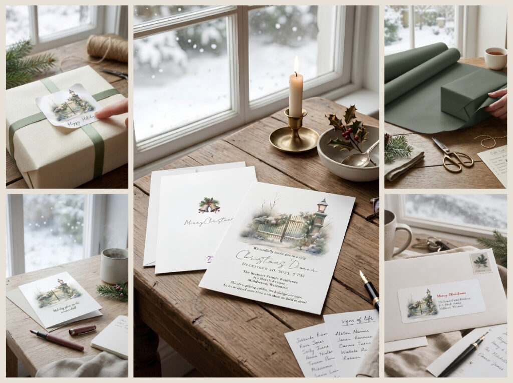 Storybook Christmas collection featuring greeting cards, gift wrap, ribbon, address labels, and a holiday mug