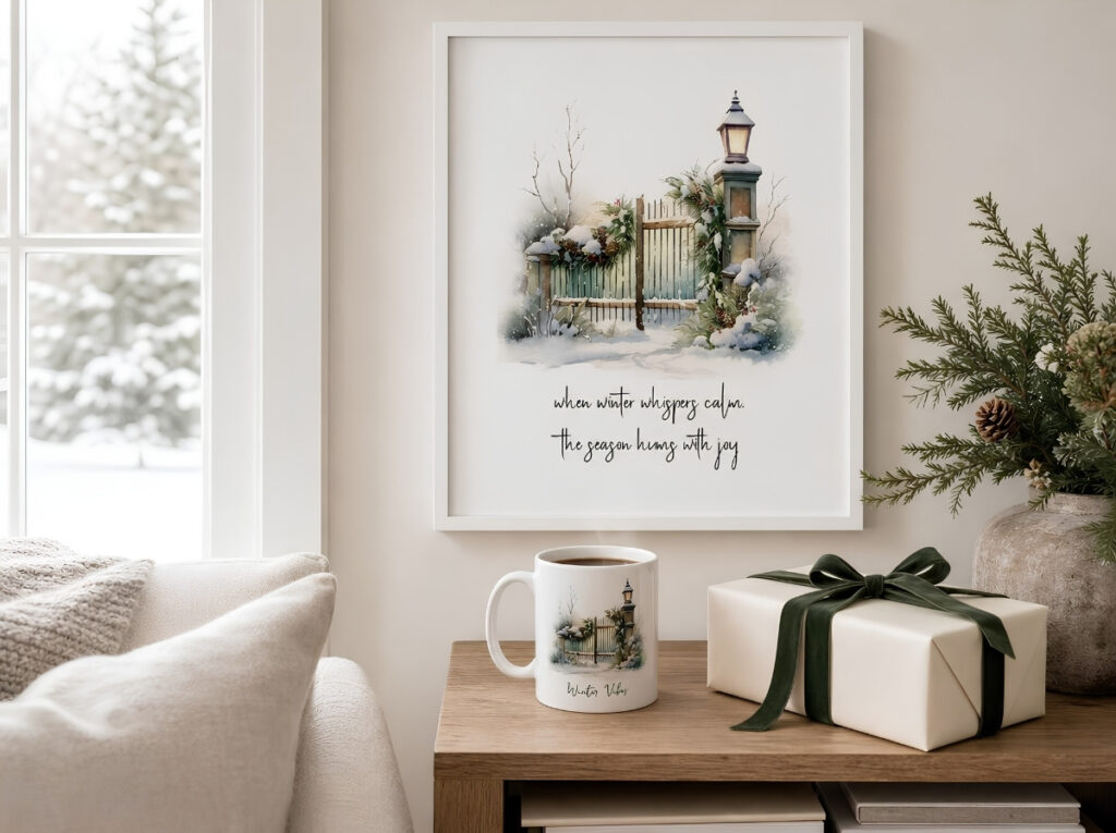 Storybook Christmas wall art, mug, and wrapped gift styled in a quiet winter home