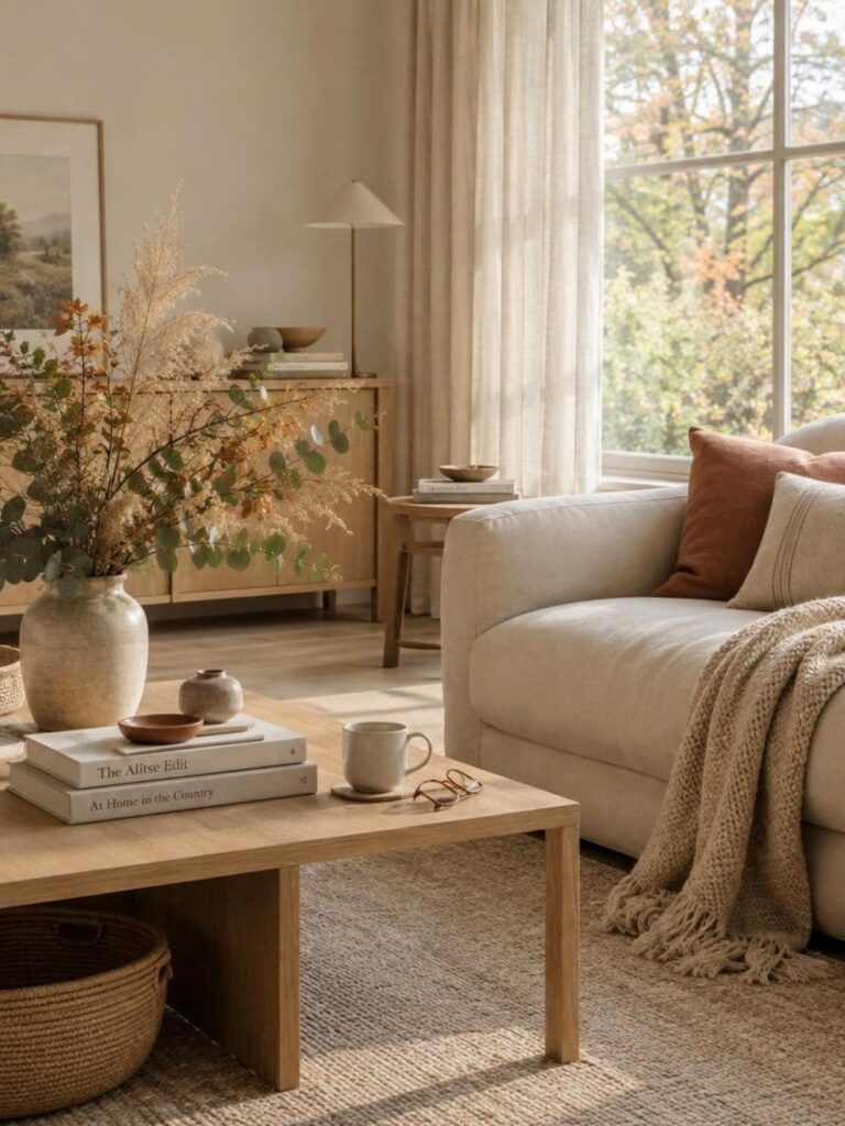 Warm Scandinavian-inspired living room with autumn foliage, natural textures, a cozy sofa, and seasonal details