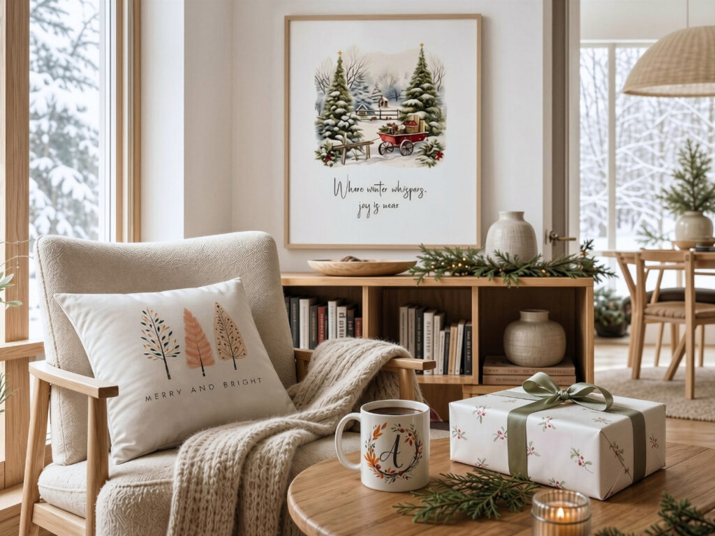 Alitse Seasonal Picks featuring Christmas home decor, seasonal gifts, a mug, pillow, and wrapped gift