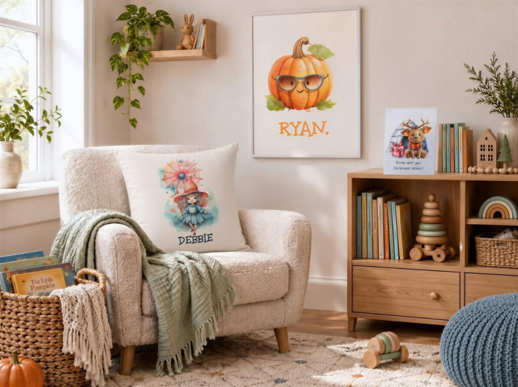 Alitse Childhood Celebrations collection featuring personalized pumpkin wall art, a whimsical Halloween pillow, and a Christmas reindeer greeting card in a children's reading corner