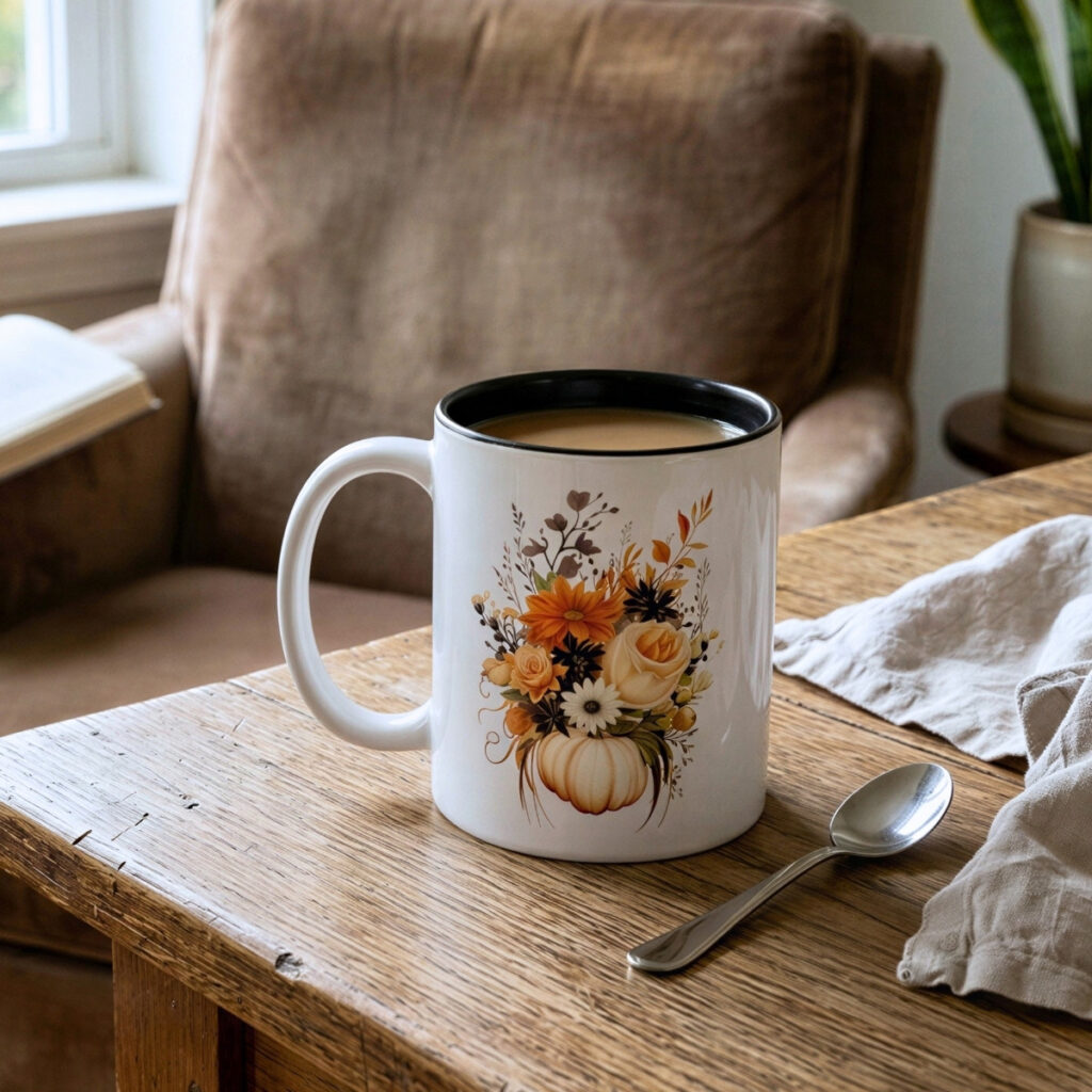 Custom fall mug with an autumn floral and pumpkin design styled on a rustic wood table