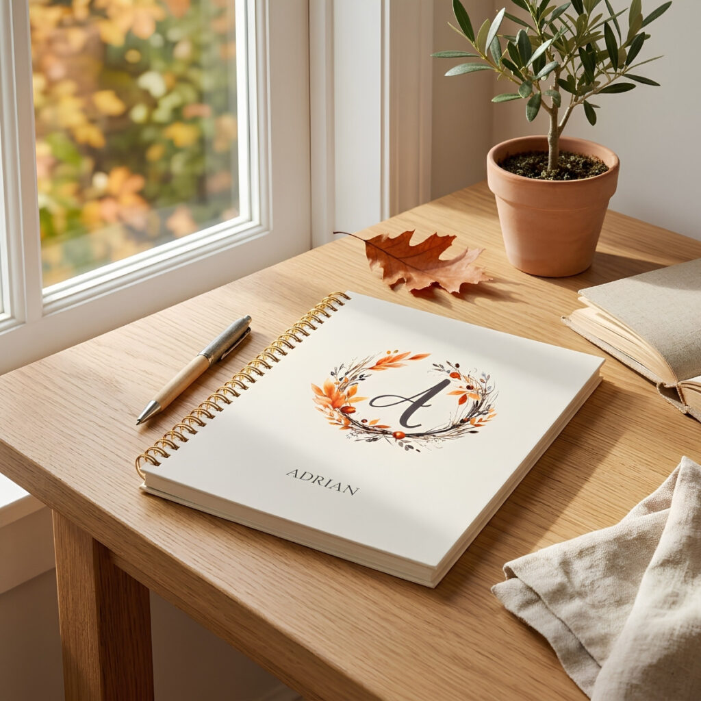 Personalized autumn monogram notebook with floral wreath and name on a light oak desk