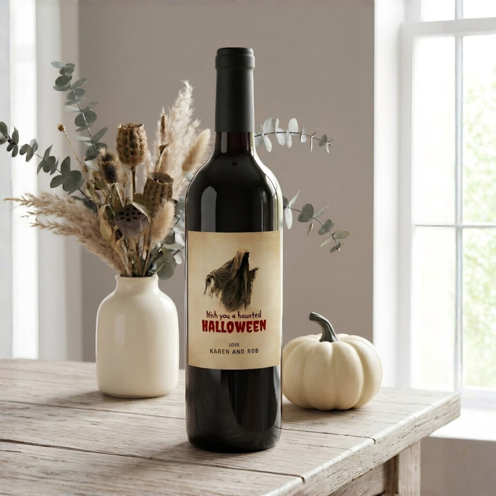 Personalized Halloween wine bottle styled with dried botanicals and a white pumpkin on a light wood table