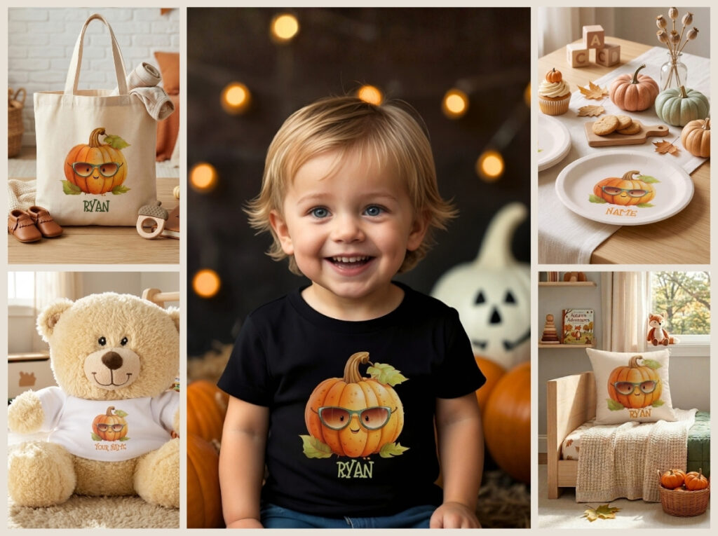 Personalized pumpkin collection for kids featuring a T-shirt, tote bag, teddy bear, plate, and pillow