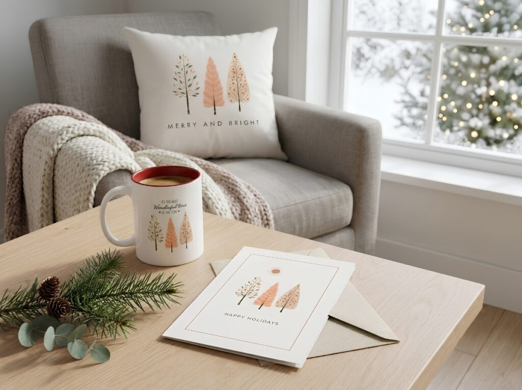 Scandinavian Christmas pine tree collection featuring a greeting card, mug, and pillow in a Nordic-inspired home