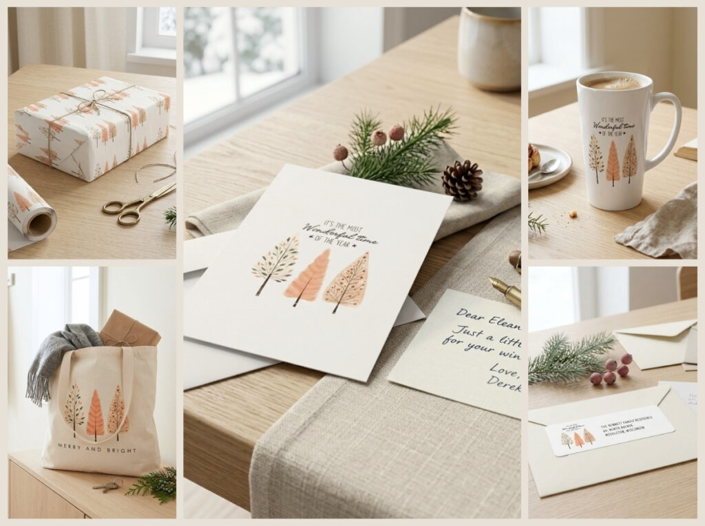 Scandinavian Christmas pine tree collection with greeting cards, gift wrap, mug, pillow, and seasonal products
