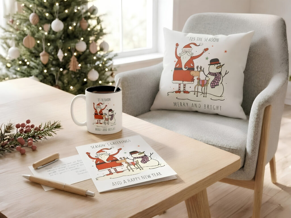 Scandinavian Christmas Santa and snowman collection featuring a personalized ornament, mug, and greeting card