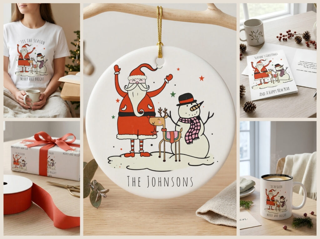 Scandinavian Christmas Santa and snowman collection featuring apparel, personalized ornament, greeting card, gift wrap, and mug