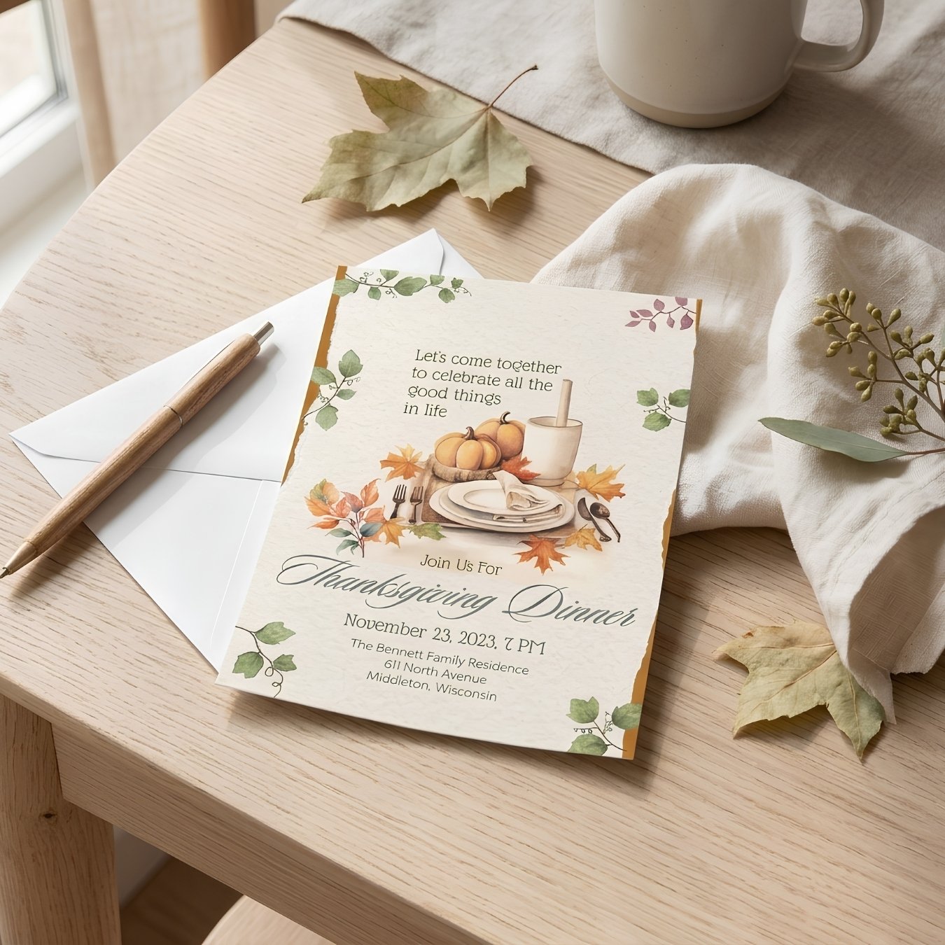 Thanksgiving dinner invitation styled on a light oak table with an envelope, pen, linen, and autumn leaves