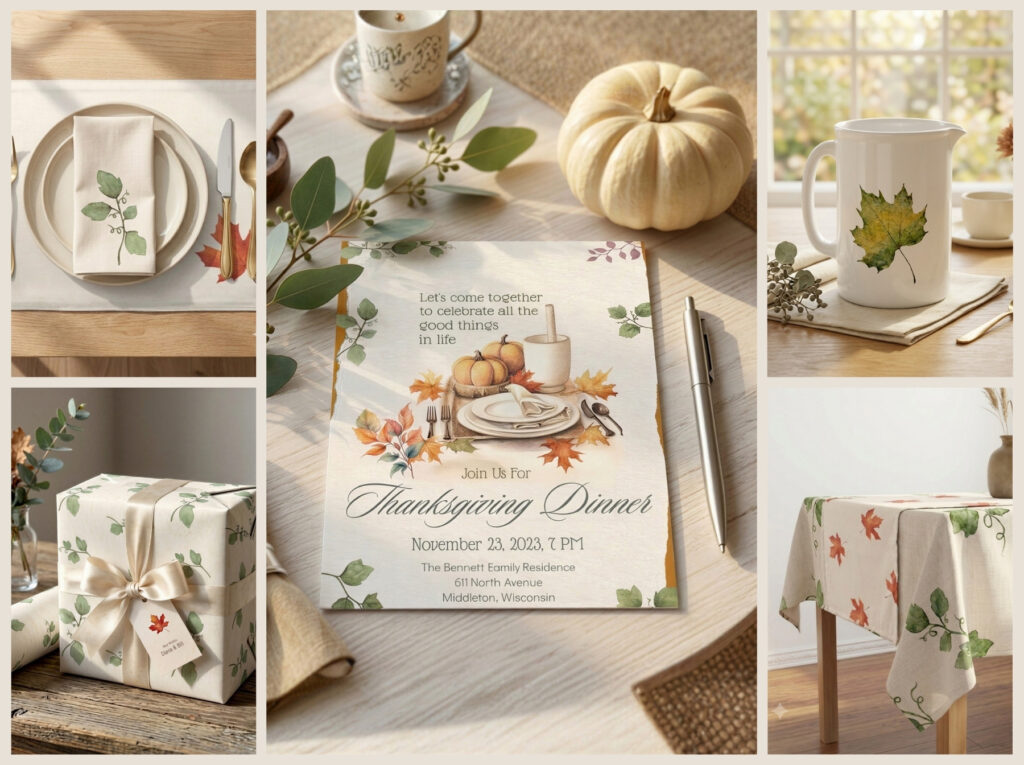 Thanksgiving hosting and gifting collection featuring table settings, invitation stationery, mugs, gift wrap with ribbon and tag, and seasonal table textiles
