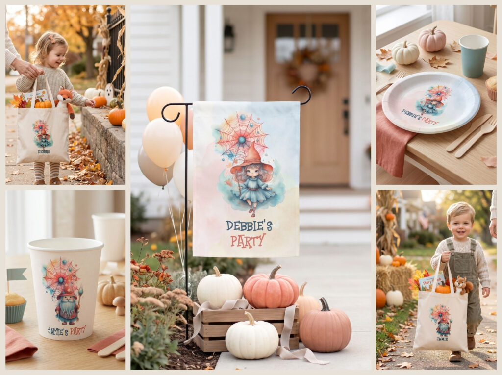 Witch and Wizard Halloween collection for kids featuring party invitations, paper cups, plates, trick-or-treat totes, and children's Halloween scenes