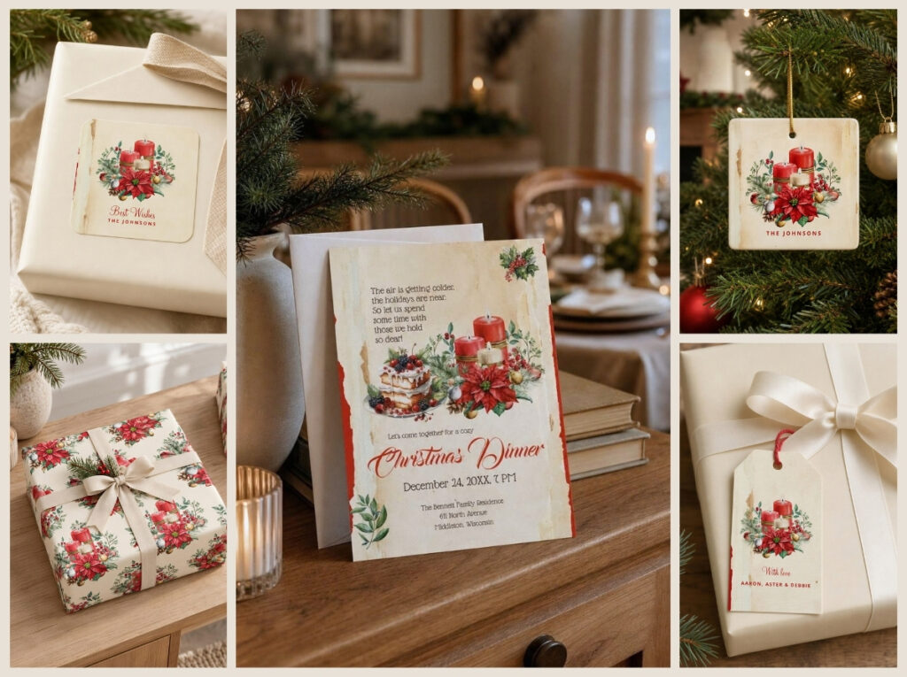 Candle & Poinsettia Christmas collection featuring a greeting card, return-address label, two gift wraps, gift tag, rounded-square sticker, ceramic ornament, and Christmas dinner invitation in vintage watercolor red, green, and ivory.