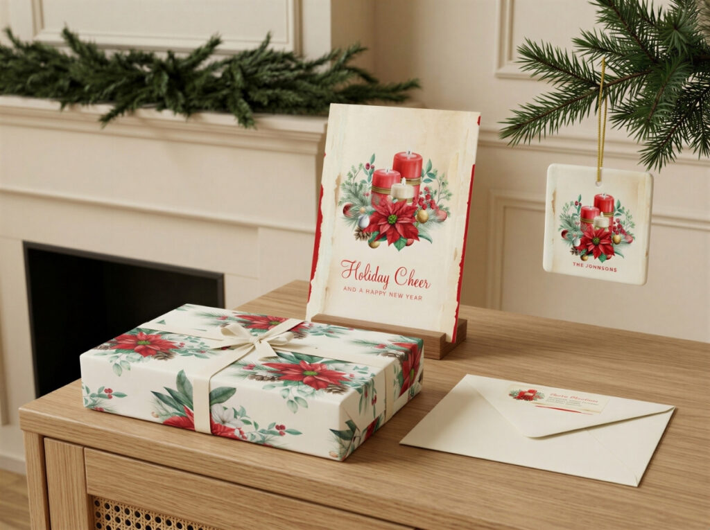 Vintage watercolor Christmas greeting card, poinsettia gift wrap, personalized ornament, and return-address envelope styled on a wooden console beneath an evergreen mantel garland.