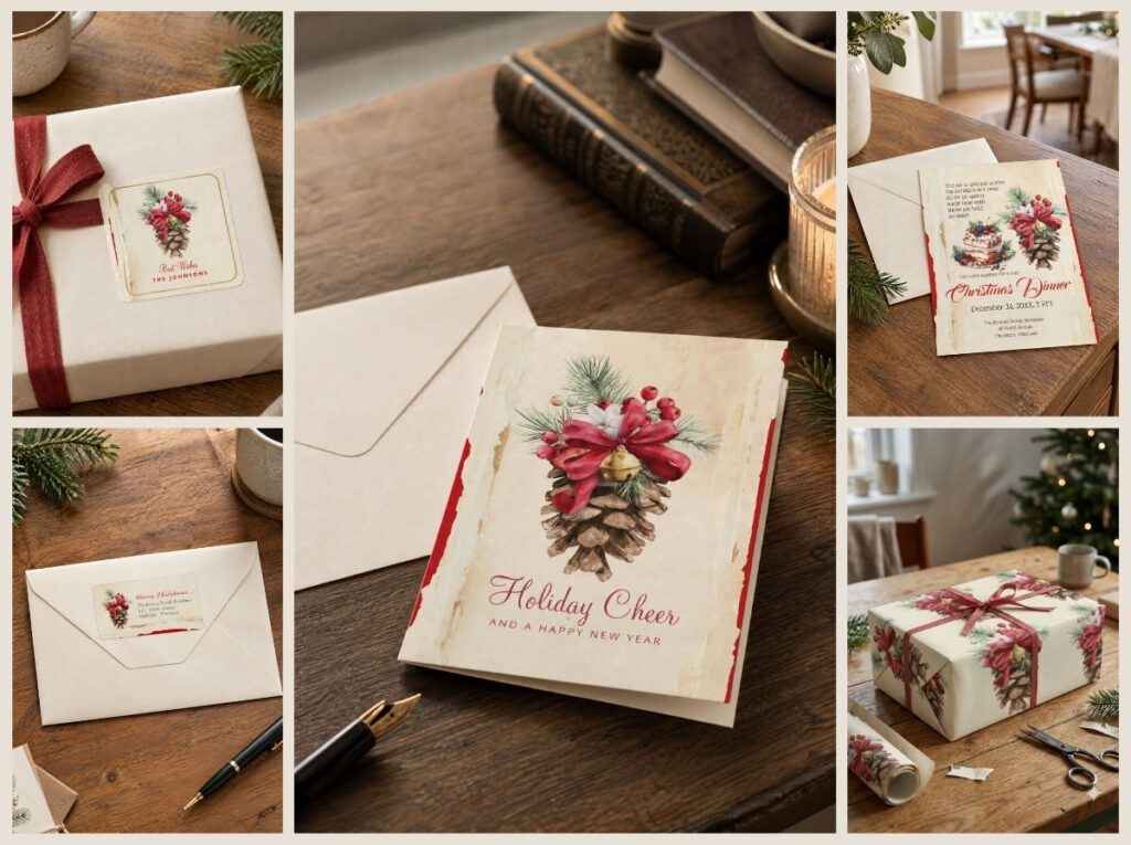 A coordinated Christmas collection featuring watercolor pinecones, red ribbons, golden bells, evergreen foliage and berries across greeting cards, gift wrap, ribbon, gift tags, gift bags, stickers and address labels.