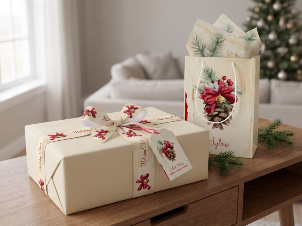 Ivory Christmas gift wrapped with a red ribbon and woodland gift tag, alongside a matching gift bag with coordinating tissue paper, featuring watercolor pinecones, evergreen foliage, berries and golden bells.